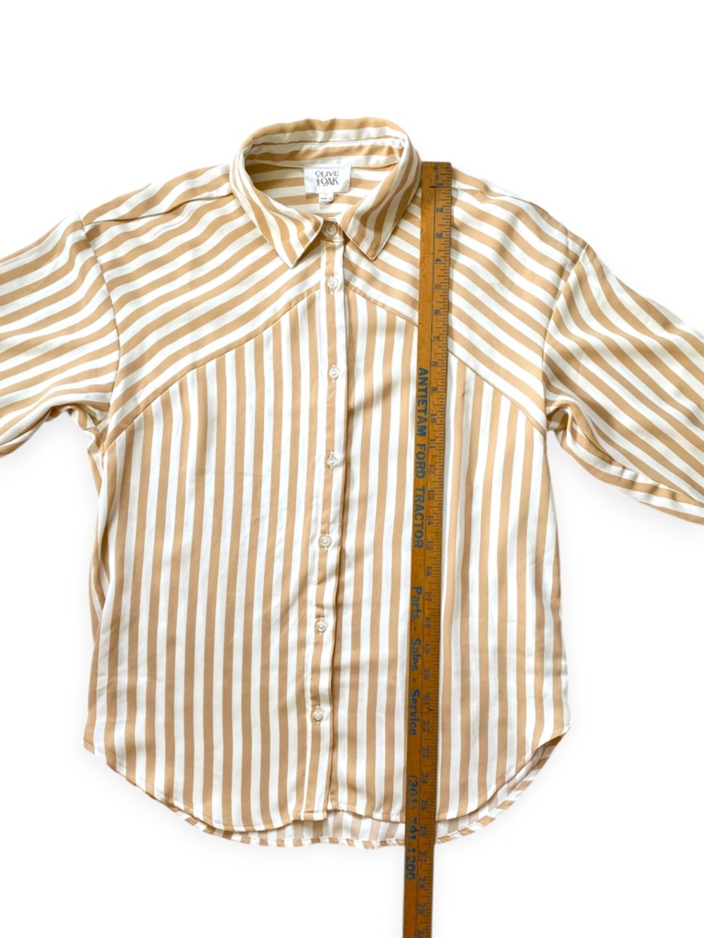 Olive & Oak Tan White Striped Button Down Blouse Womens Small Long Sleeve - Picture 11 of 12